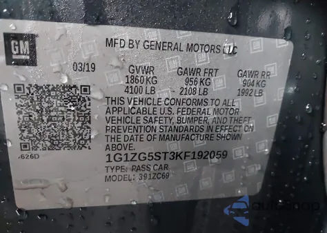 2019 Chevrolet Malibu Rs z USA, uszkodzony, nr VIN 1G1ZG5ST3KF192059